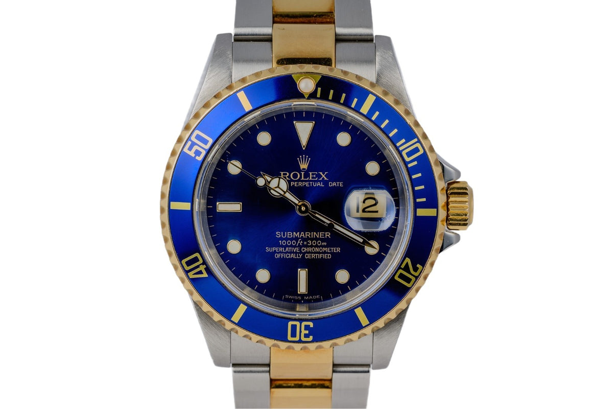 Rolex Submariner Date 16613lb Blue No Holes Gold & Steel 40mm Watch D Serial10