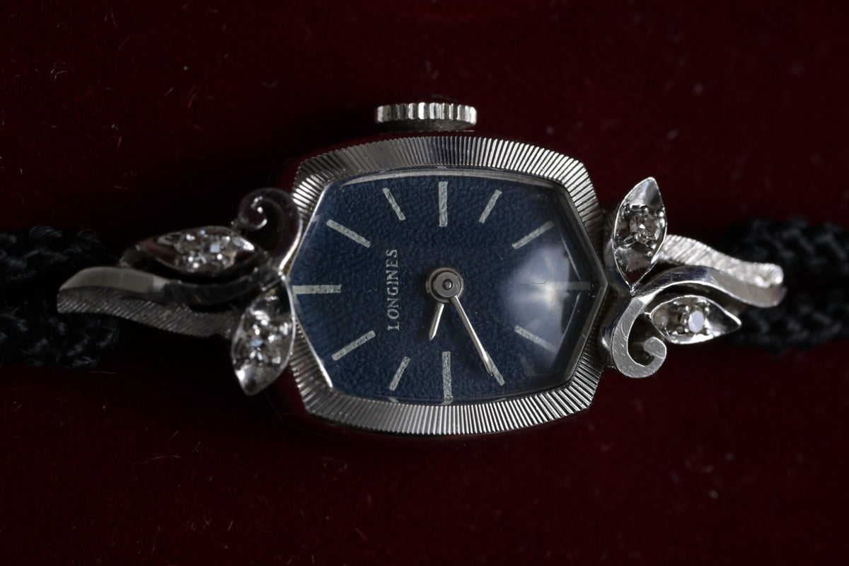 Longines 14k Gold & Diamond Vintage Blue Dial 14mm Manual Ladies Watch +B&P8