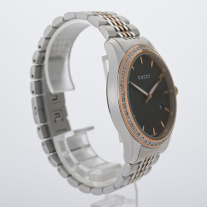 GUCCI G Timeless Rose Gold & Steel Diamond Bezel Black Dial 38mm Quartz Watch3