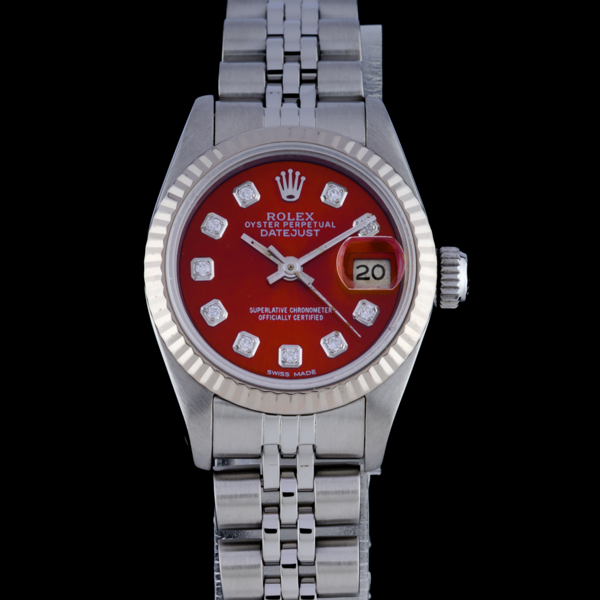 Rolex Datejust 69174 Custom Red Diamond Dial 26mm 18K Gold Ladies Watch + Box0