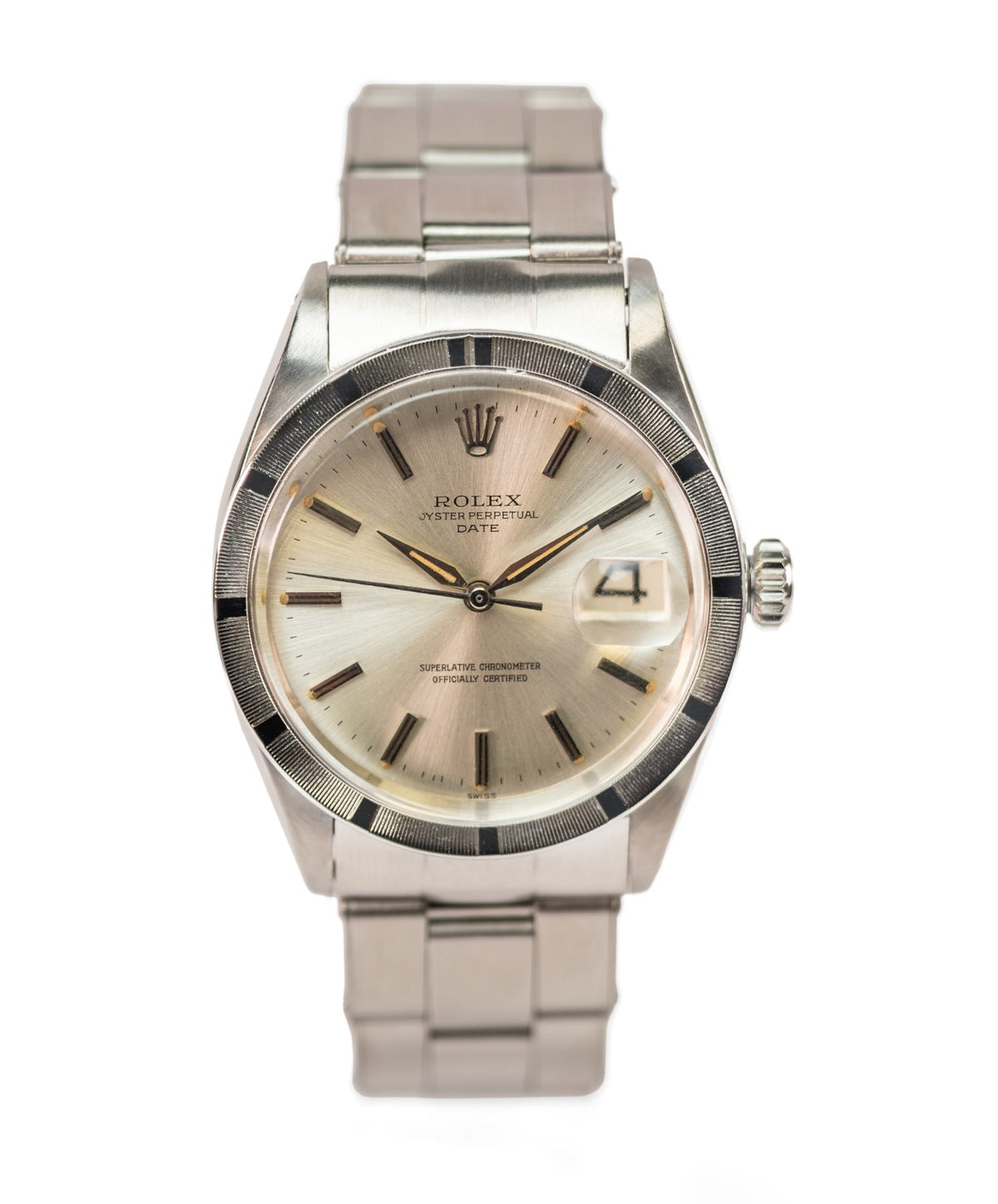 Rolex Oyster Perpetual Date 1501 Engine Turned Bezel Silver Auto 34mm Watch0