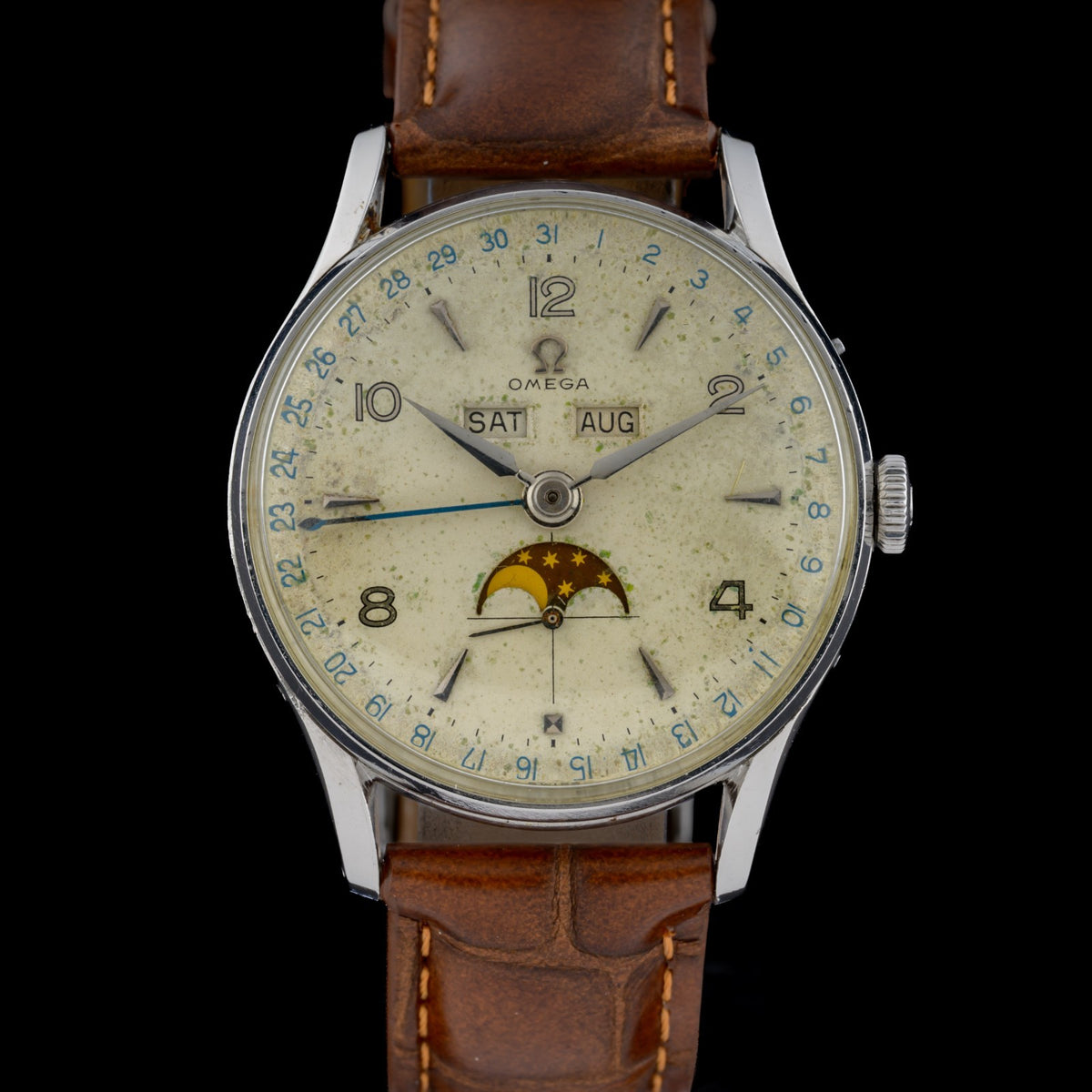 Omega Cosmic Triple Date Moonphase 2471 Manual 35mm White Patina Dial Watch0