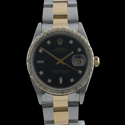 Rolex Oyster Perpetual Date 15223 Custom Black Diamond Baguette Dial 34mm Watch0