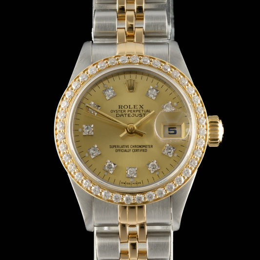 Serviced Rolex Datejust 69173 Custom Diamond 18k Gold 26mm Ladies Watch0